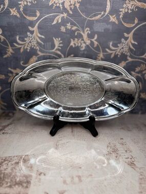 Vintage Silverplate Oval Serving Tray Ornate Engraved Platter 11in